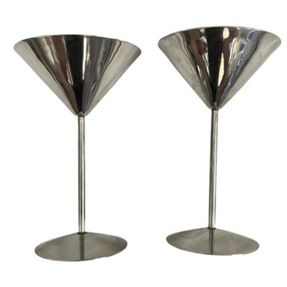 Polished Stainless Steel Martini Glasses Set of 2 Modern Cocktail Barware EXC